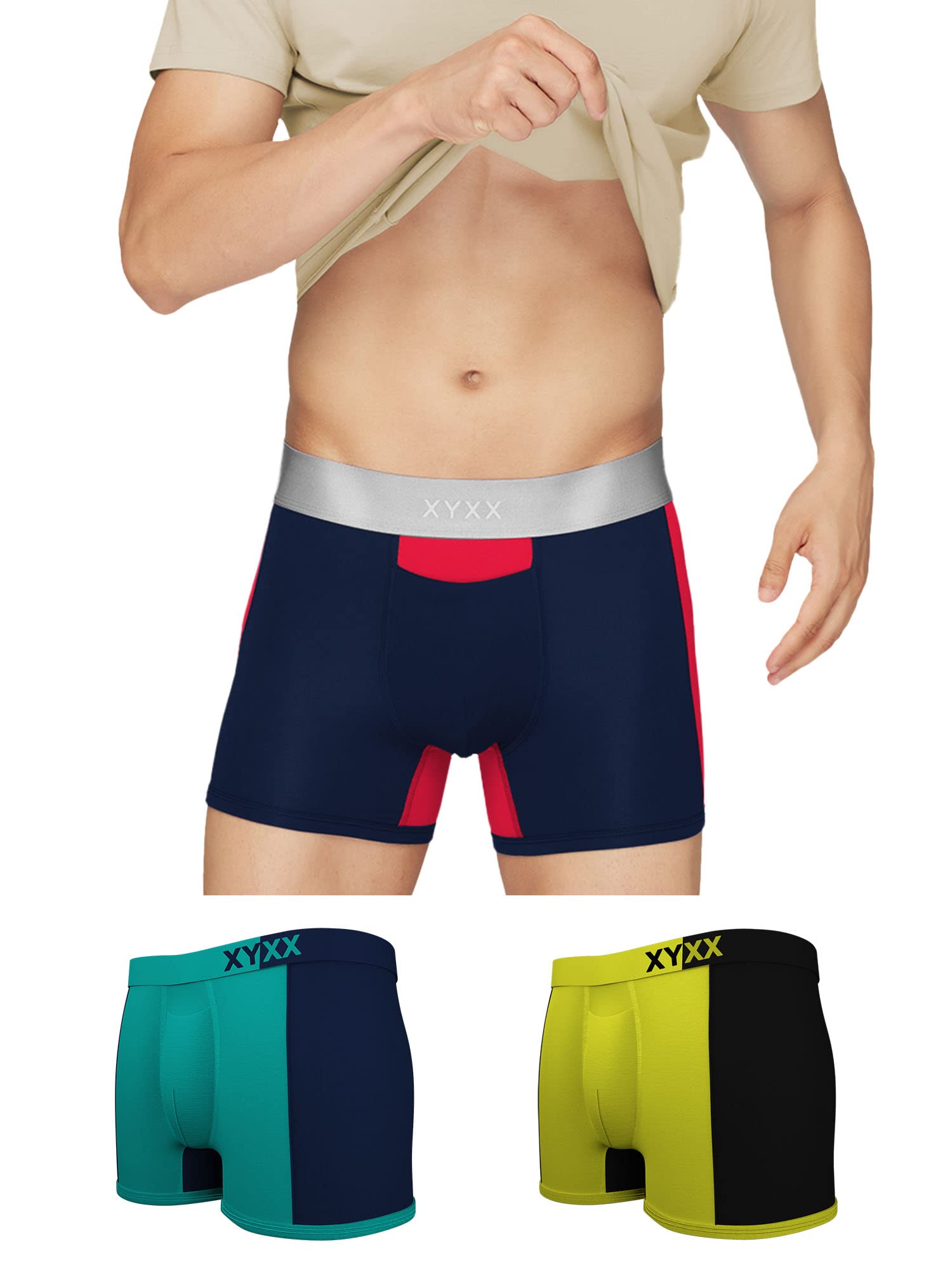 XYXXMen's Dualist Micromodal Regular Fit Colorblock Antimicrobial Trunks with No Marks Waistband (Pack of 3)