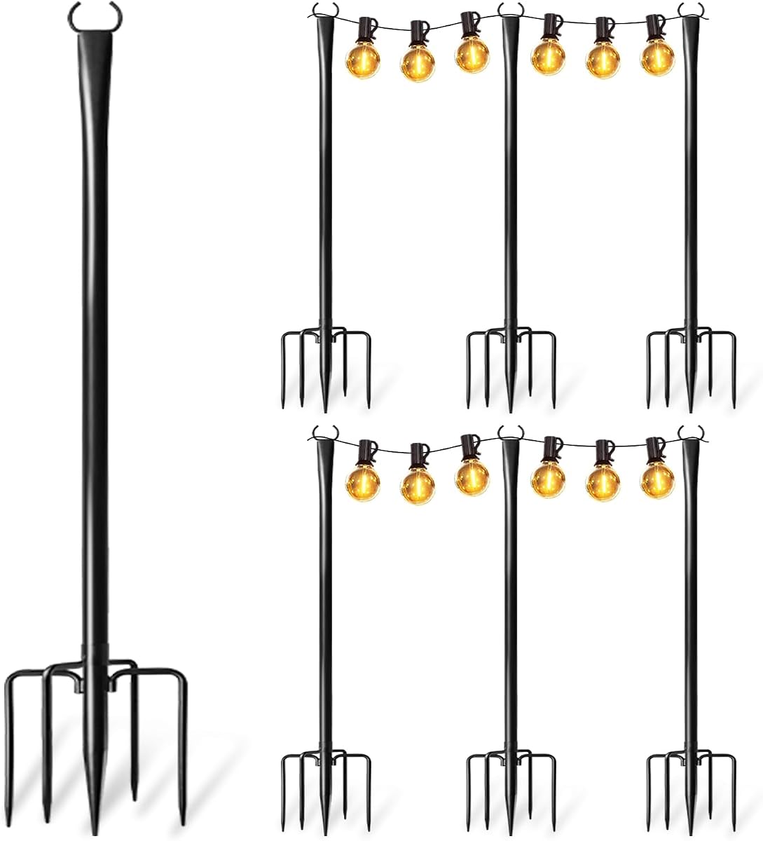 Paquete de 6 postes de luz para exteriores, postes de metal resistentes mejorados para luces de cadena al aire libre con tenedor, accesorios colgantes de iluminación ajustables para decoración de patio, pérgola, decoración de jardín