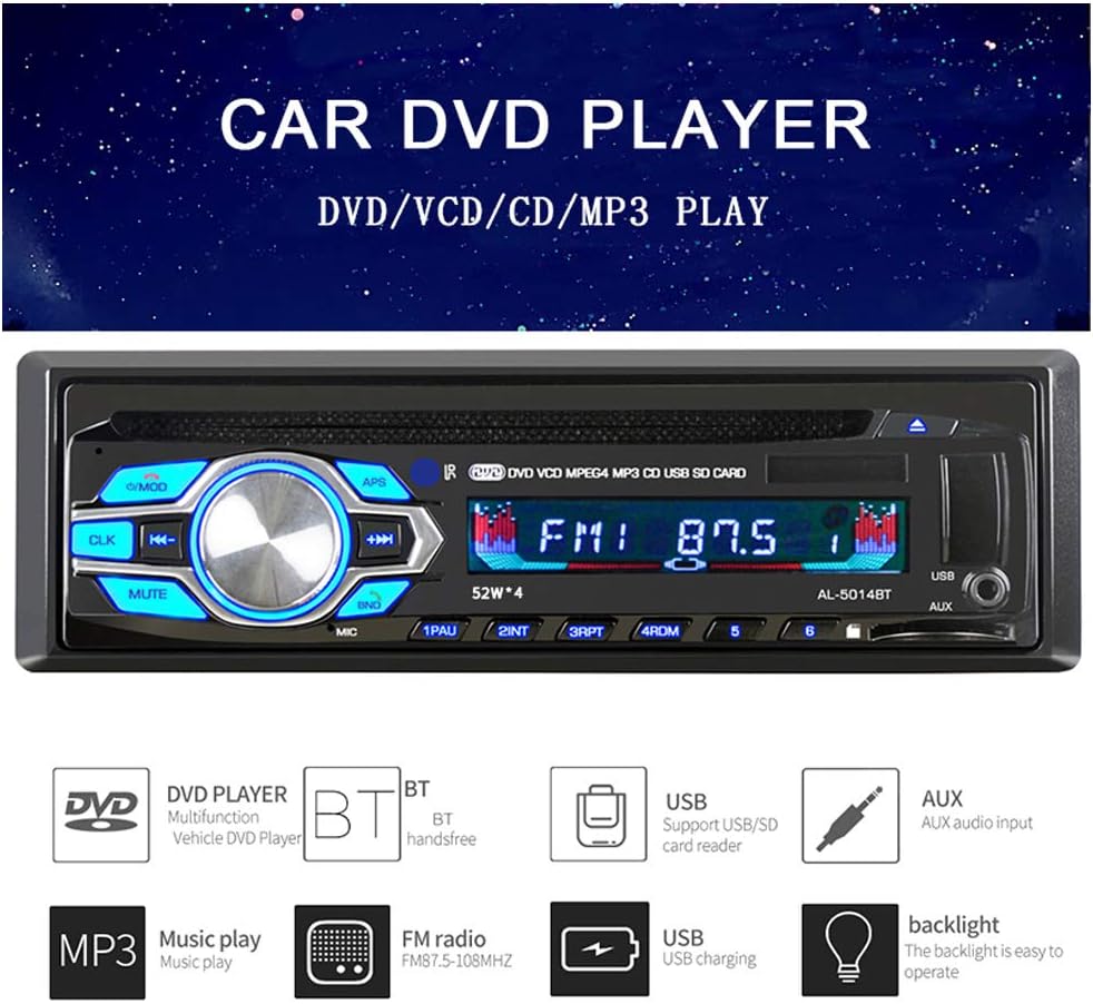 Overview of 5014BT car audio system features with icons