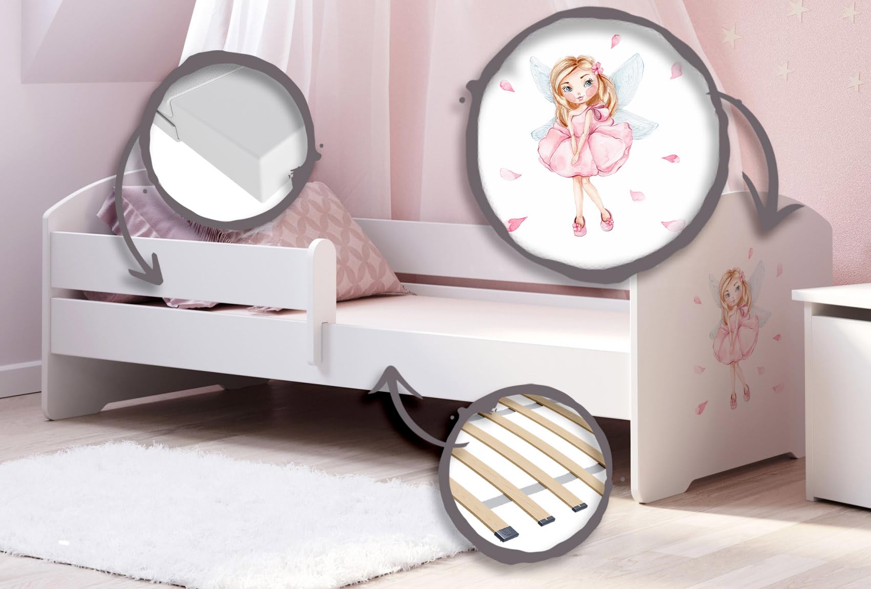 KOBI Cama infantil LUK Blanco | 160 x 80 cm | Cama infantil Camas infantiles | con colchón y marco | Habitación Bebe | Cama individual con barandilla
