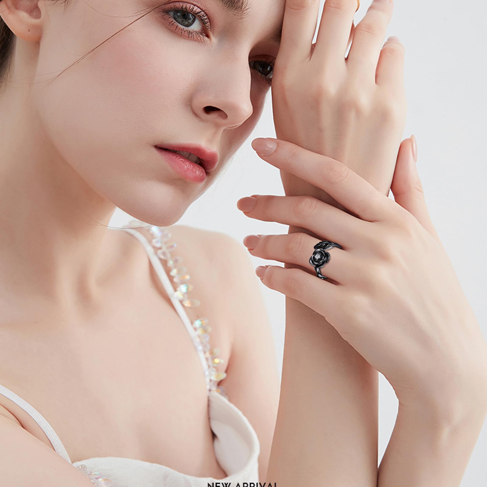 Anello a forma di fiore di rosa, per donna, in argento Sterling 925, con pistola placcata in nero, per mamma e moglie, Normal, Argento sterling, Nessuna pietra preziosa