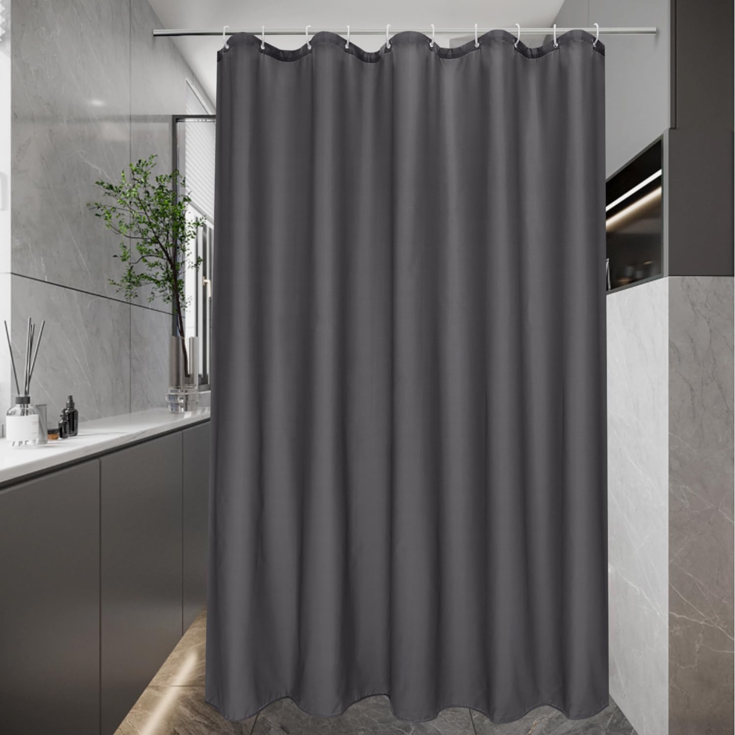 EurCross Cortina de ducha de 150 x 180 cm, tela textil estrecha, cortina de baño para baño, resistente al agua y se seca rápidamente, gris oscuro, antimoho, lavable, cortina de ducha con 10 anillas