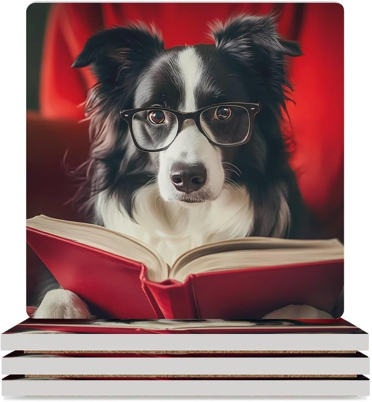 Herding-Sheep Dog Reading (4) Ceramic Coasters Square Drinks Coaster Coffee Table Decor Table Coaster for Home Bar