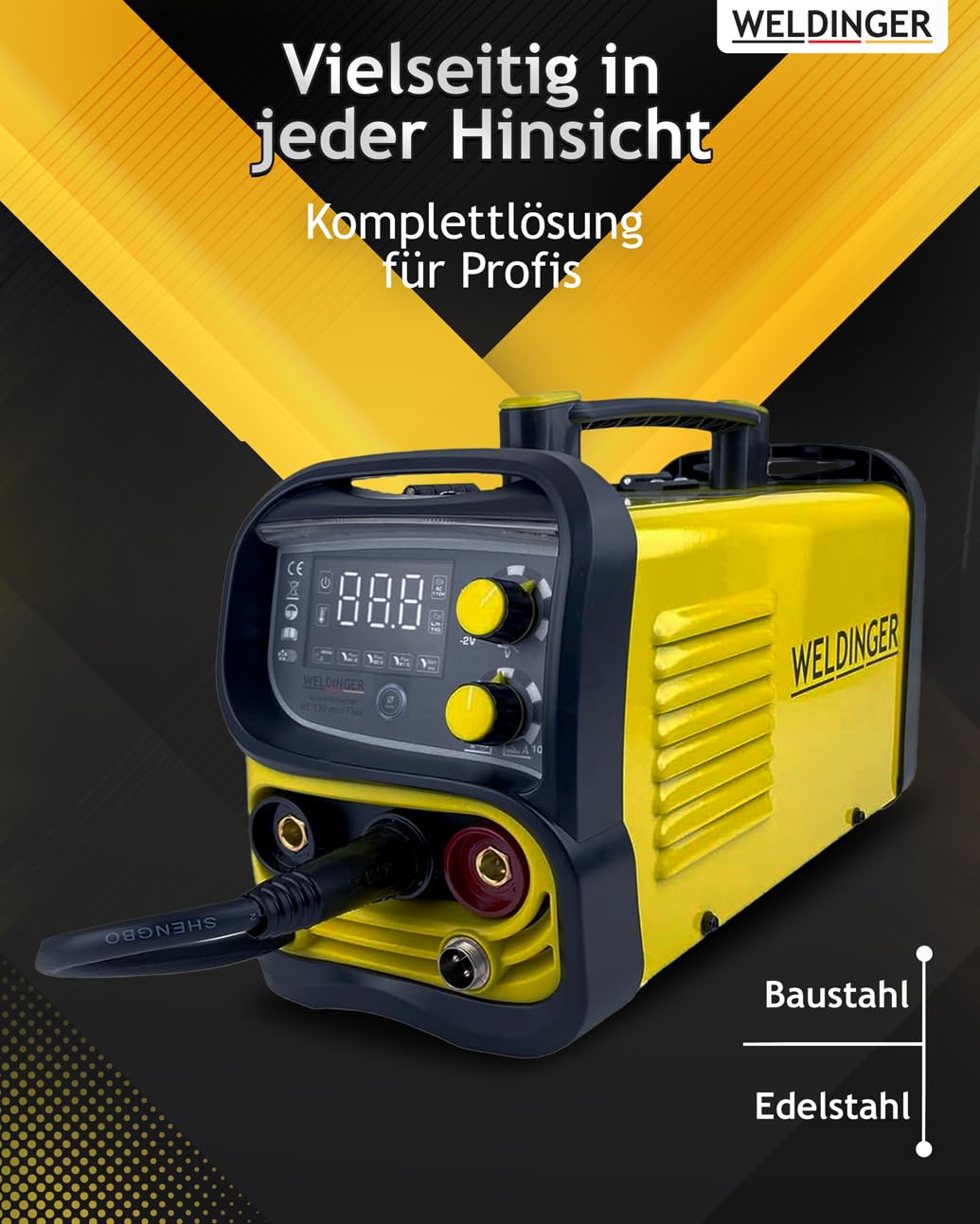 WELDINGER ME 130 mini Flux Fülldrahtschweißgerät + 1 kg Fülldraht + Fülldraht-Gasdüse + Stromdüsen MMA Lift-WIG abnehmbares Schlauchpaket 5 Jahre Garantie