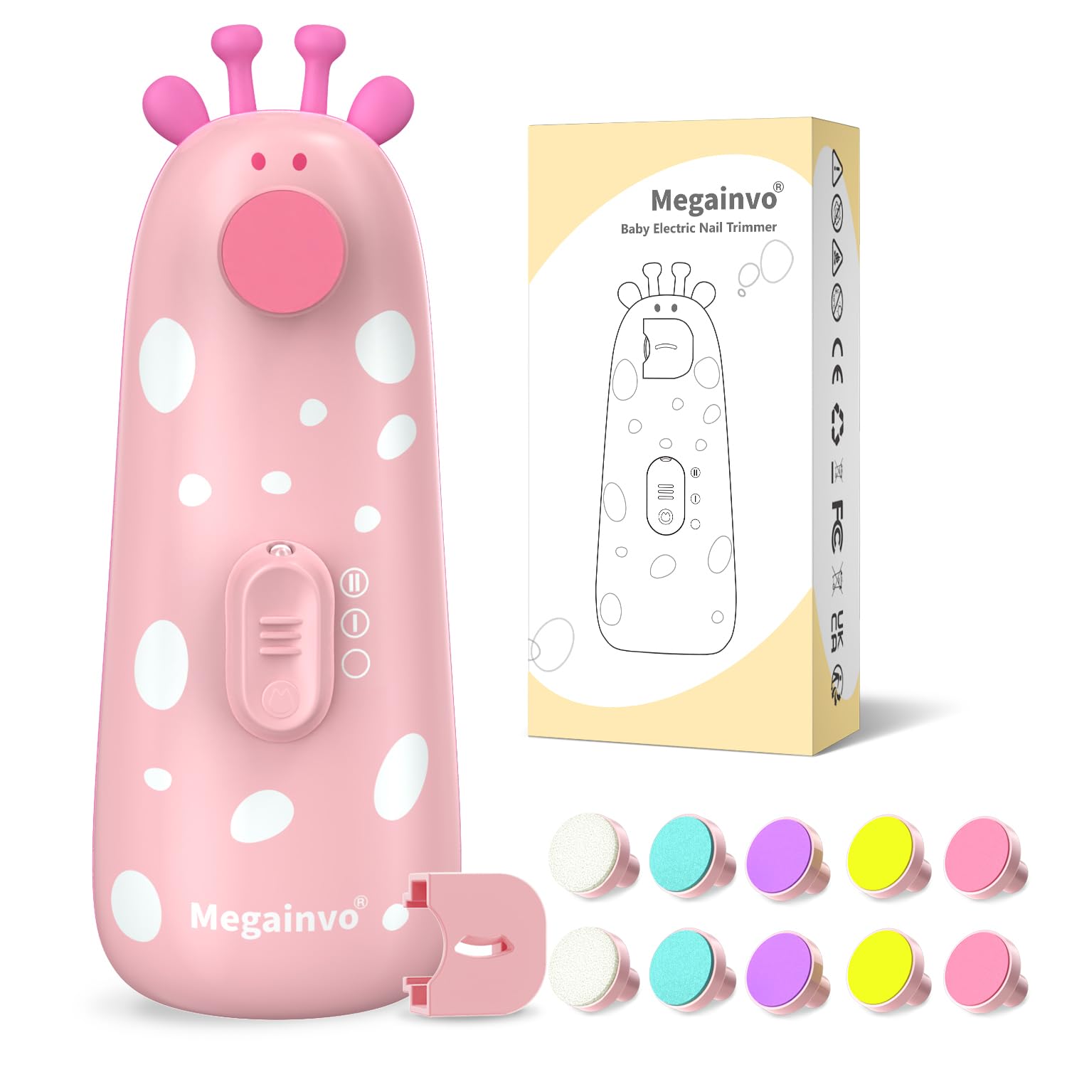 Megainvo Baby Nail File Electric,Safe Baby Nail Trimmer with 10 Grinding Heads, Whisper Quiet,LED Light Baby Nails Clippers Electric for Baby Newborn Toddler Fingers& Toenails Kits,Pink
