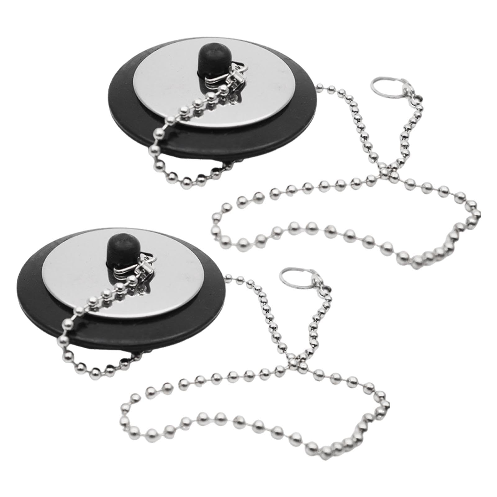 2Pcs Universal Bath Plug with Stainless Steel Chain, Bathroom Sink Plug Replacement, 42-45mm Drain Stoppers, Baths Plug and Chains, Rubber Drain Stopper for Bathroom Kitchen