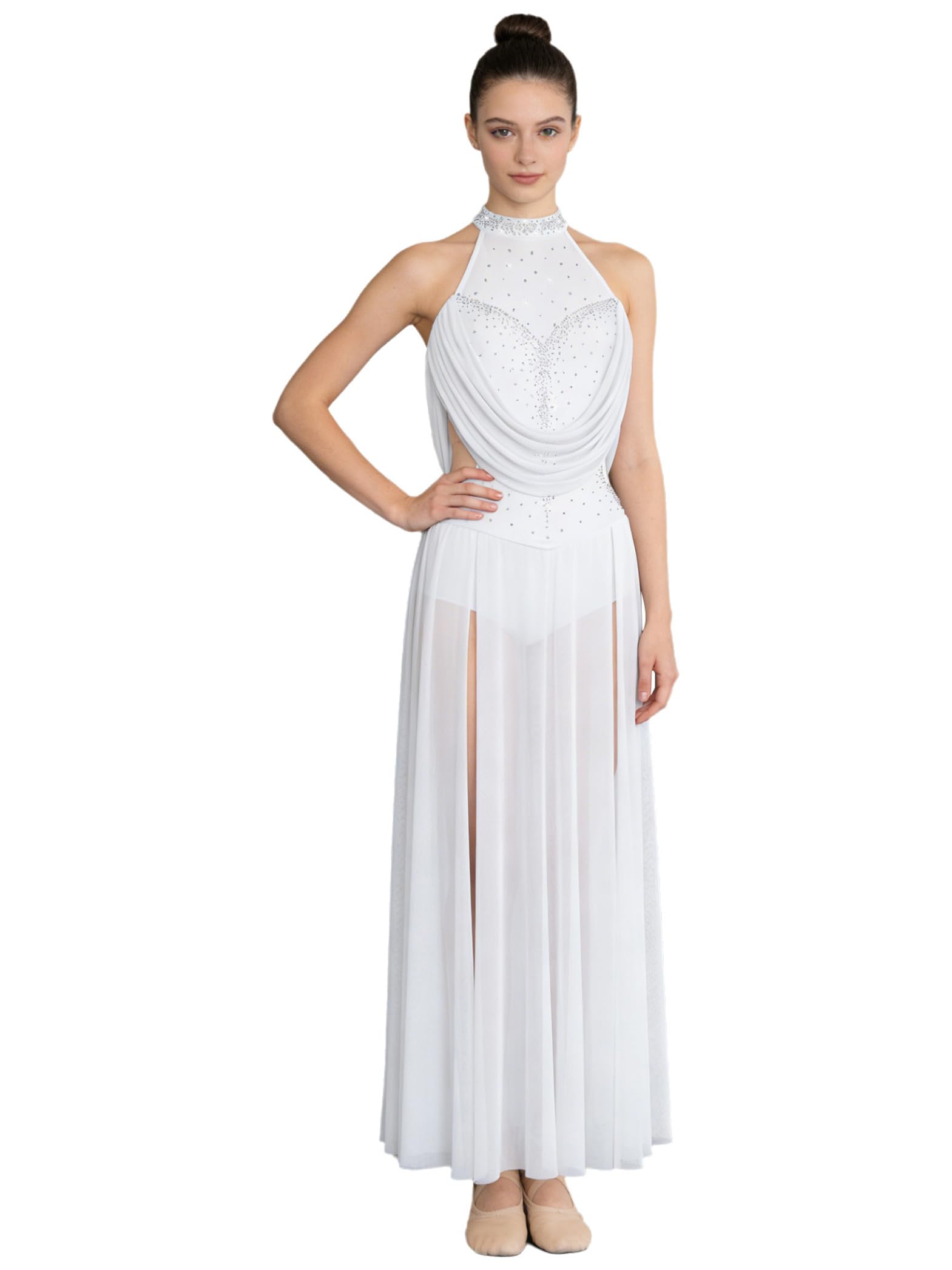 Dama Vestido Baile Lirico con Brillo Vestido Ballet con Falda Larga Patinaje Artístico Baile Moderno Ropa Contemporáneo