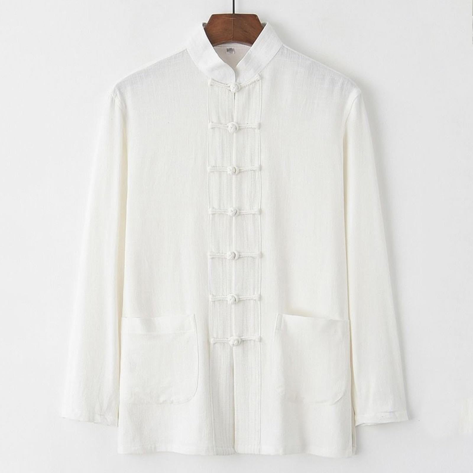 Uniforme Tai Chi Uomo Arti Marziali Tang Suit Abbigliamento per Esercizi mattutini Vestiti da Allenamento in Cotone e Lino per Anziani Principianti,White-M