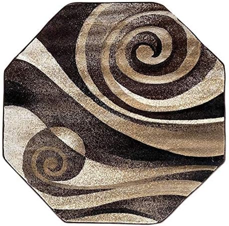 Sculptured Modern Octagon Area Rug Chocolate Brown Beige & Black Sculpture Design 258 (4 Feet X 4 Feet )