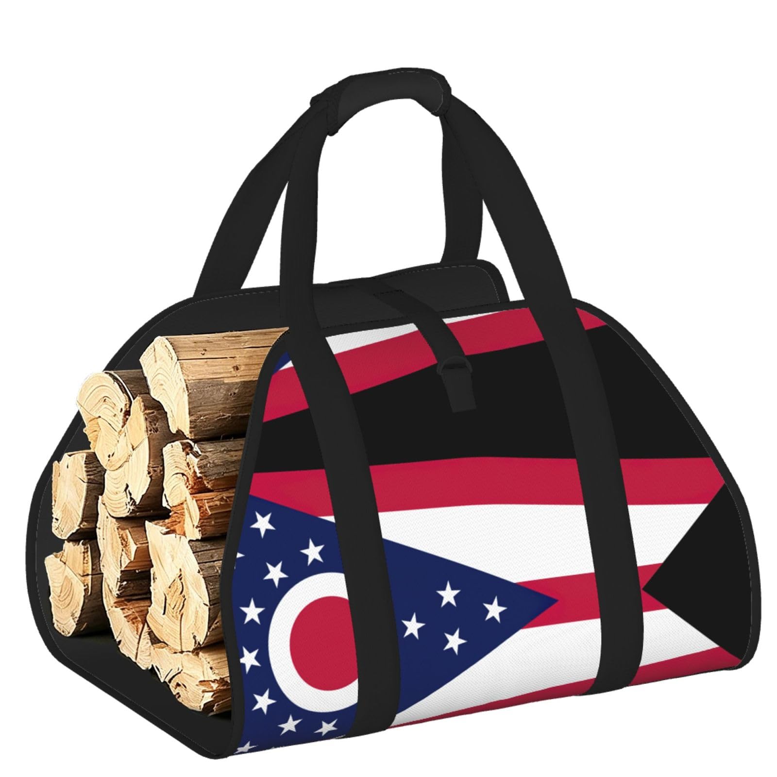 Ohio State Flag Printed Firewood Carrier Bag, Log Tote with Open-Ended Design for Camping Outdoor Wood Hauling