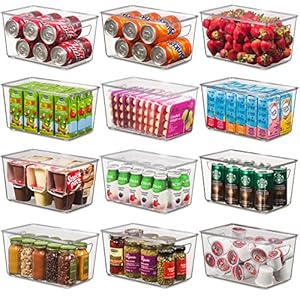 Set Of 12 Refrigerator Organizer Bins with Lids – Plastic Pantry Organization and Storage Baskets – Stackable Food Fridge Organizers with Cutout Handles for Freezer, Kitchen, Countertops, Cabinets
