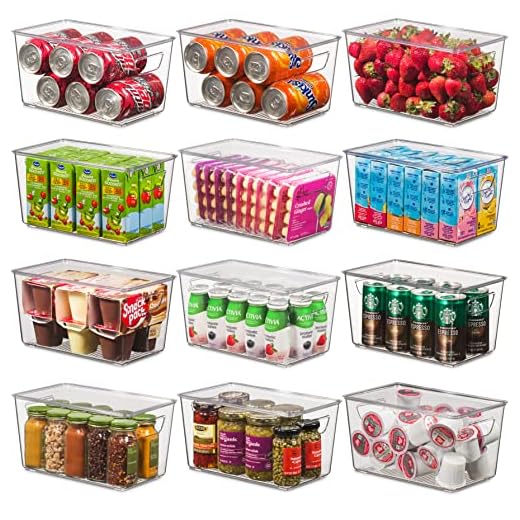 Set Of 12 Refrigerator Organizer Bins with Lids - Plastic Pantry Organization and Storage Baskets - Stackable Food Fridge Organizers with Cutout Handles for Freezer, Kitchen, Countertops, Cabinets