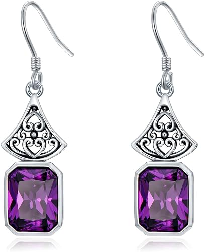 925 Sterling Silver Vintage Oxidized Dangle Drop Earrings with Emerald Cut Purpl