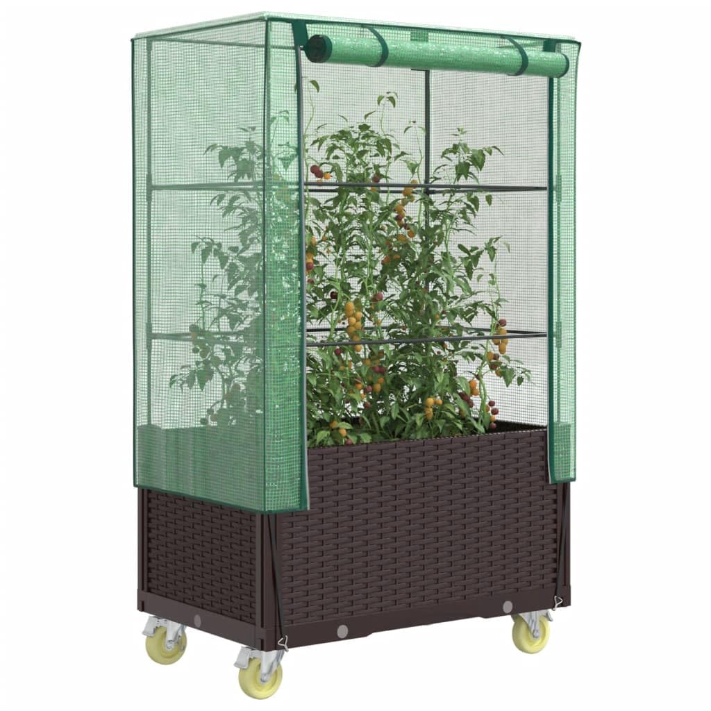 Aiuola rialzata con serra e ruote, effetto rattan