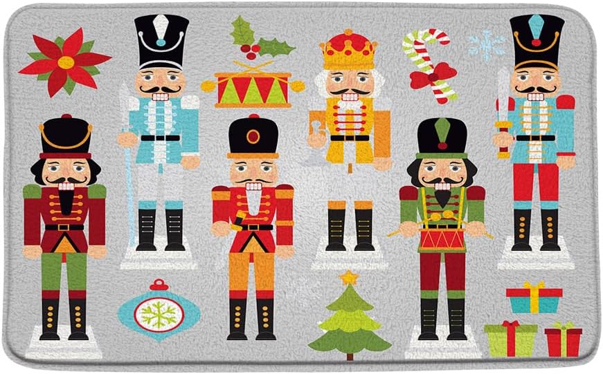 Merry Christmas Bath Mat The Nutcracker Xmas Tree Poinsettia Colorful Cute Cartoon Winter Holiday Bathroom Decor Rug Doormat Toilet Floor Rug,17.8x29.5 Inch