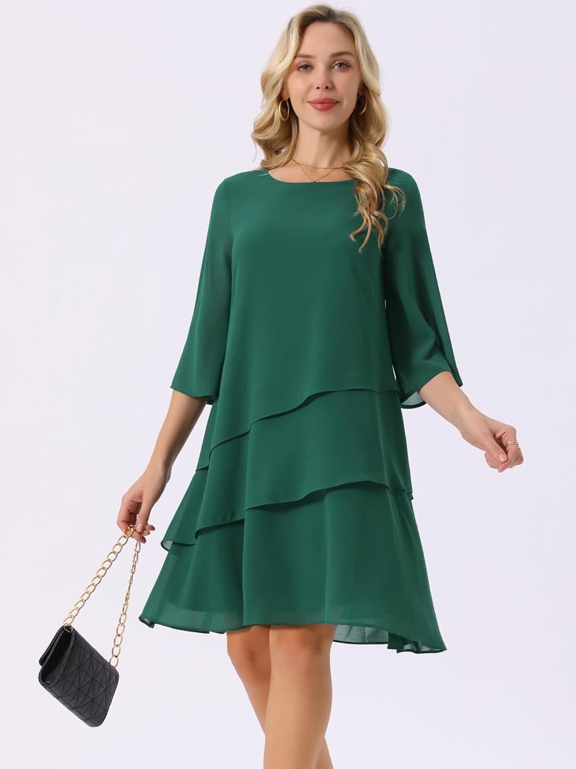 Seta T Women's Chiffon Dresses 3/4 Bell Sleeve Crewneck Tiered Layered Flowy Dress Party Wedding Outfits - Image 5