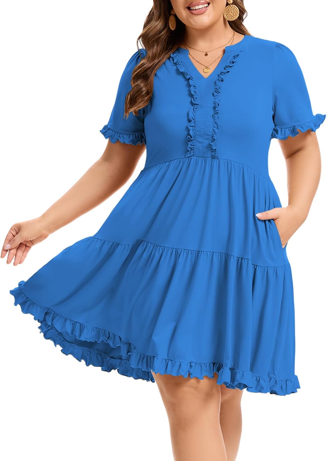 Moon Wood Plus Size Mini Dress Womens Ruffle Short Sleeve V Neck A Line Tiered Casual Summer Dresses with Pockets