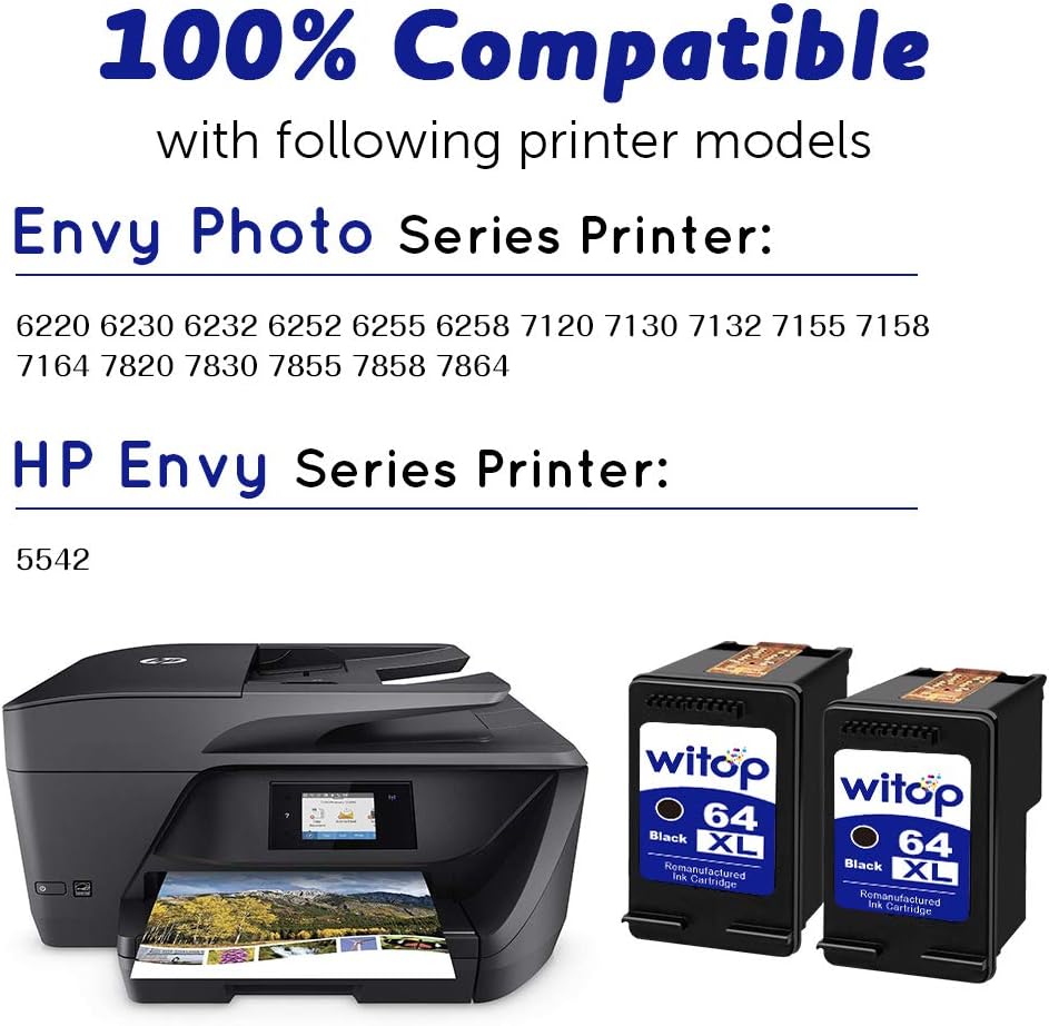 Amazon.com: Witop - Cartucho de tinta remanufacturado de repuesto para impresoras  HP Envy Photo 6252, 6255, 6258, 7155, 7158, 7164, 7855, 7858 y 7864 (2  unidades), color negro : Productos de Oficina