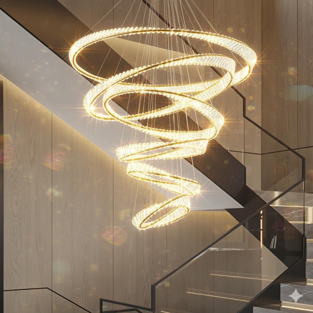 Modern 6-Ring Crystal Led Chandelier for High Ceiling, Dimmable Gold Ceiling Light Fixture for Foyer, Living Room, Villa Stairwell & Grand Entrances