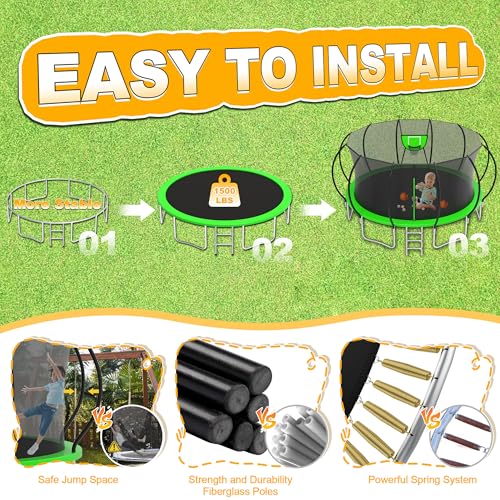 1500LBS Tranpoline Outdoor 8 10 12 14 16FT Tranpoline for Kids and Adults,【Easy to Install & Built to Last】 Recreational Tranpolines with Net, Light+Sprinkler, Basketball Hoop, ASTM Approved