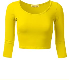 SSOULM Women's 3/4 Sleeve Scoop Neck Cotton Slim Fit Crop Top (S-2XL)