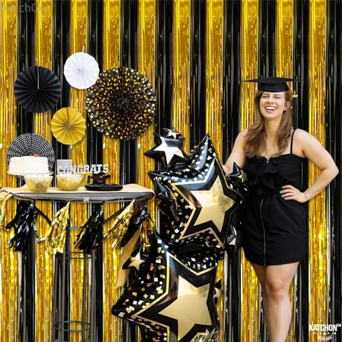Image of KatchOn, XtraLarge Black and Gold Streamers - 3.2x8 Feet, Pack of 2 | Fringe Curtain for Graduation Decorations 2026, Birthday, Anniversary | Black and Gold Graduation Party Decorations 2026