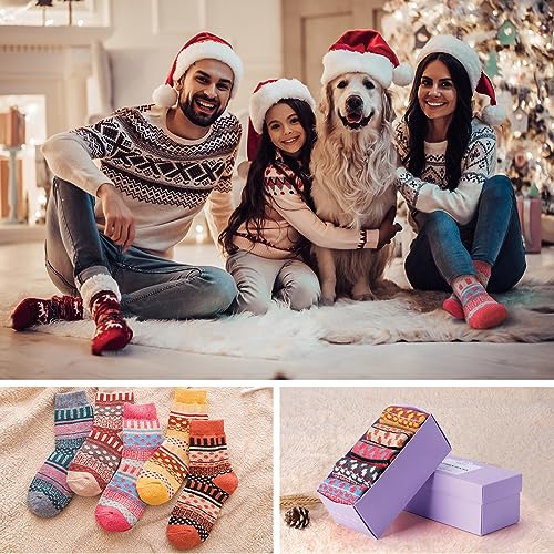 Image of ICEIVY Womens Socks 5 Pairs Wool Warm Cotton Thick Vintage Casual Winter Cabin Crew Fuzzy Socks Gifts For Women