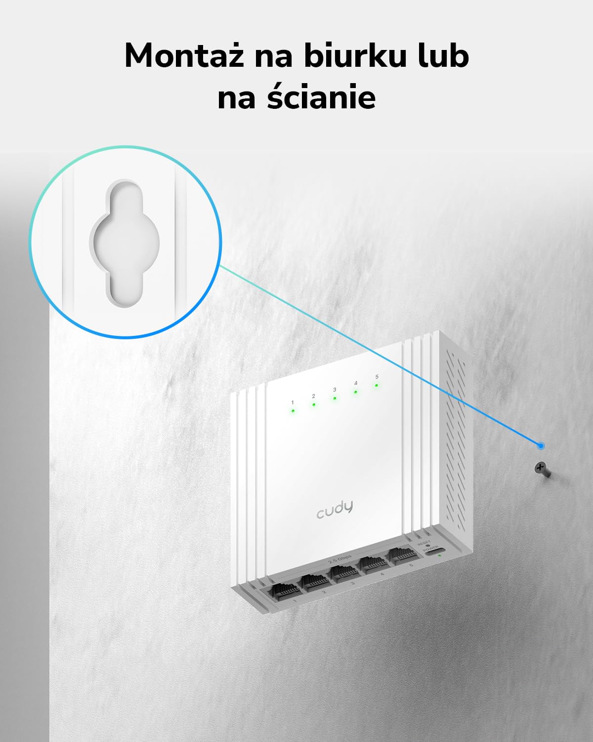 Cudy 5‑Portowy Switch Ethernet 2,5G Easy‑Managed USB‑C HS105U | Web control, VLAN, QoS, loop prevention, Cat5e, Silent, NAS, Gaming, biuro, desktop setups, montaż ścienny