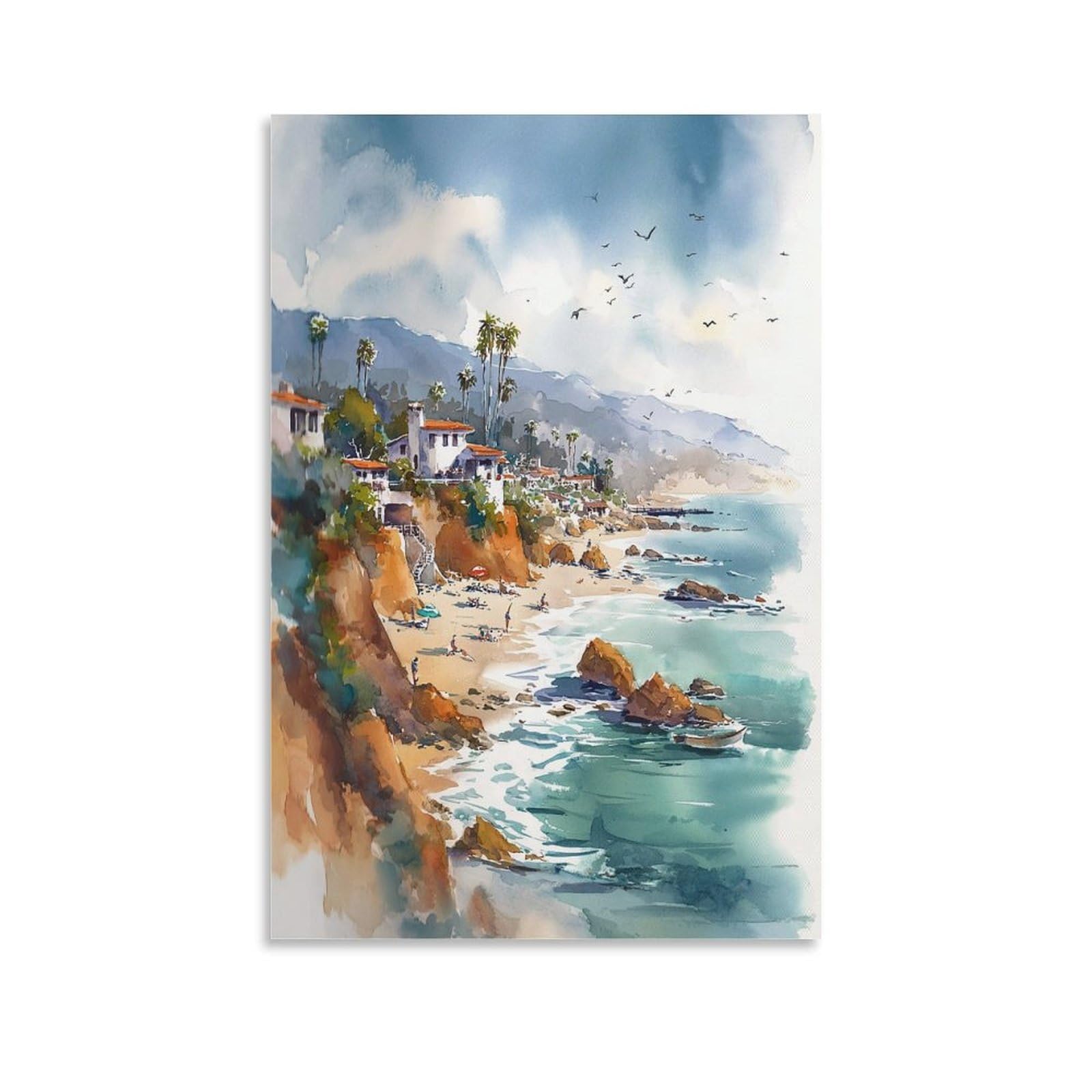 XWYMXZ Laguna Beach Watercolor Painting Coastal Travel Poster 20x30inch(50x75cm) Vintage Watercolor Canvas Art