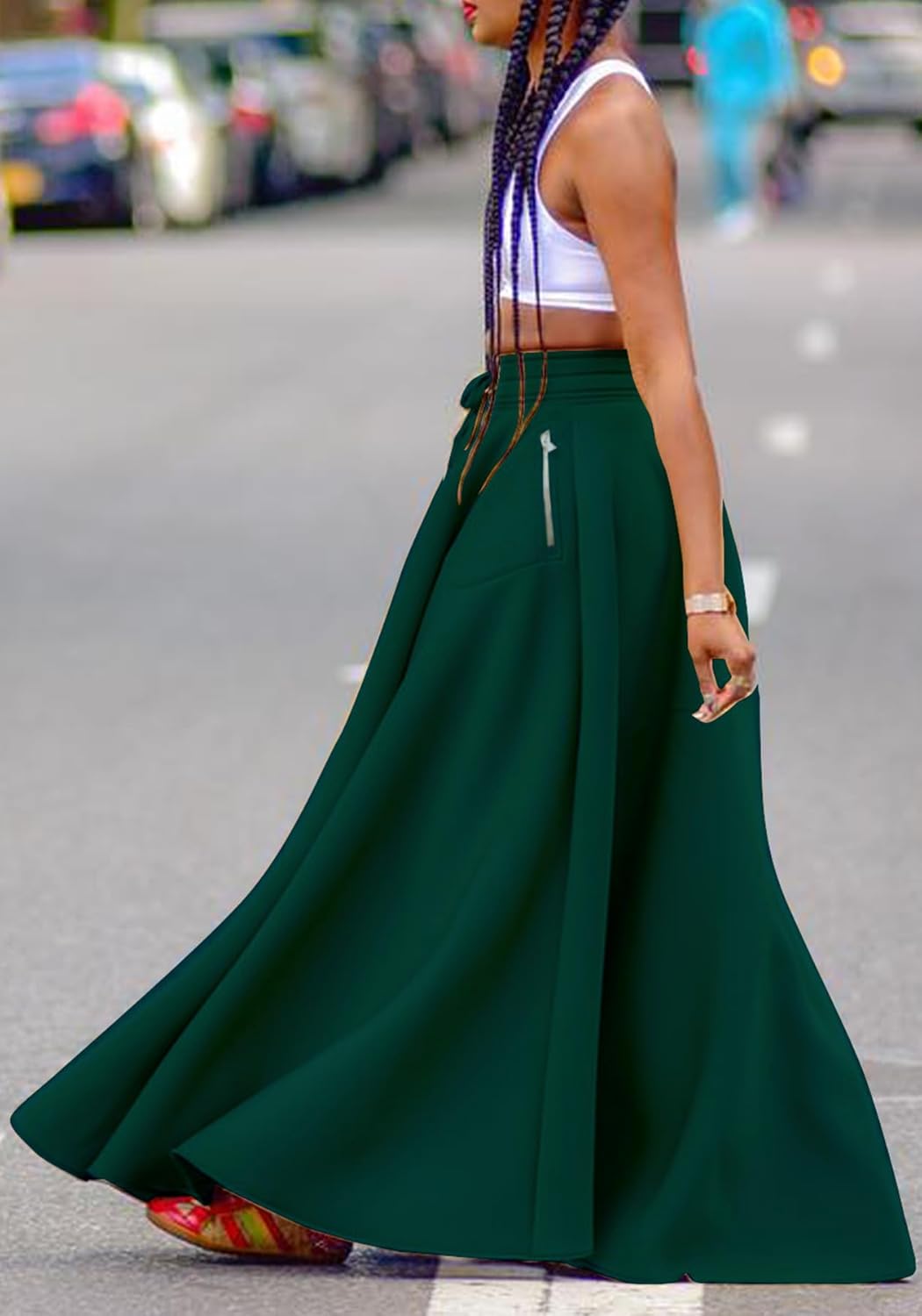 Seltaon Women's Tie Front High Waist Split Slit Pleated Maxi Skirt Casual Beach Flowy Swing Long Skirts with Pockets