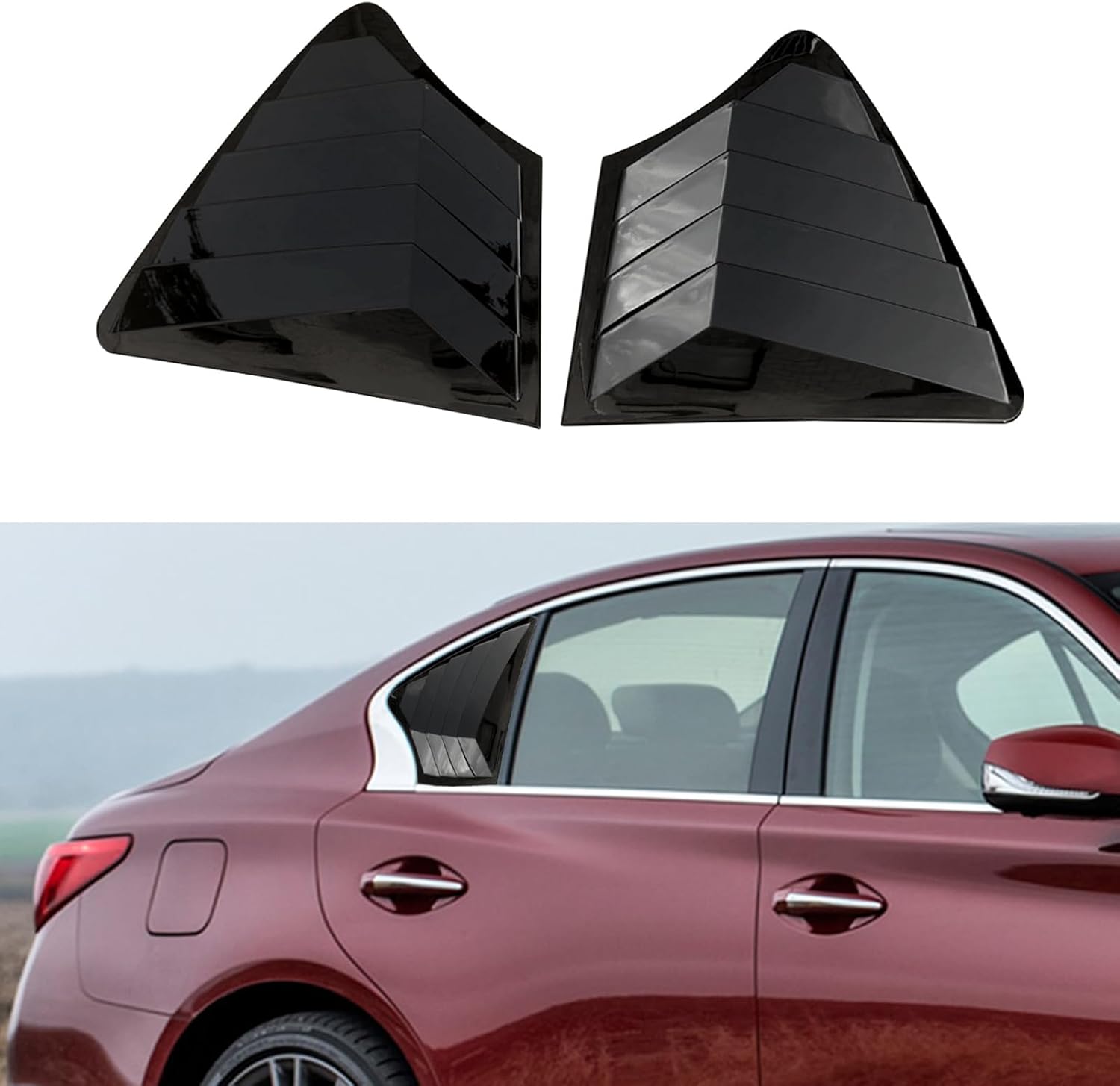 NINTE Rear Side Window Louvers for 2014-2024 Infiniti Q50 Gloss Black Air Vent Scoop Shades Cover Blinds Trim Exterior Accessories Sport Style 2pcs