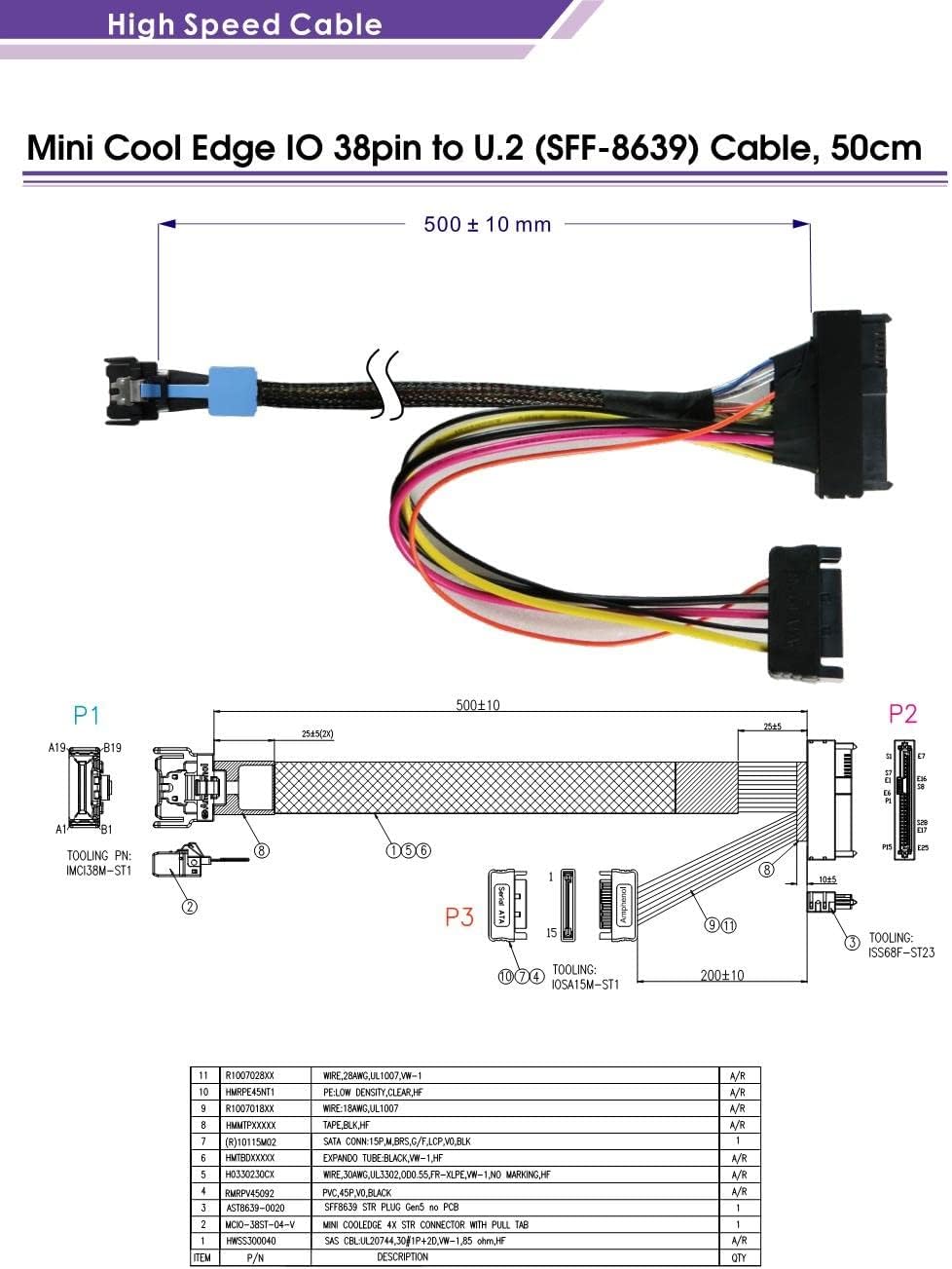 Micro SATA Cables|PCIe Gen4 Mini Cool Edge IO 38pin to U.2 (SFF-8639) Cable 50 CM
