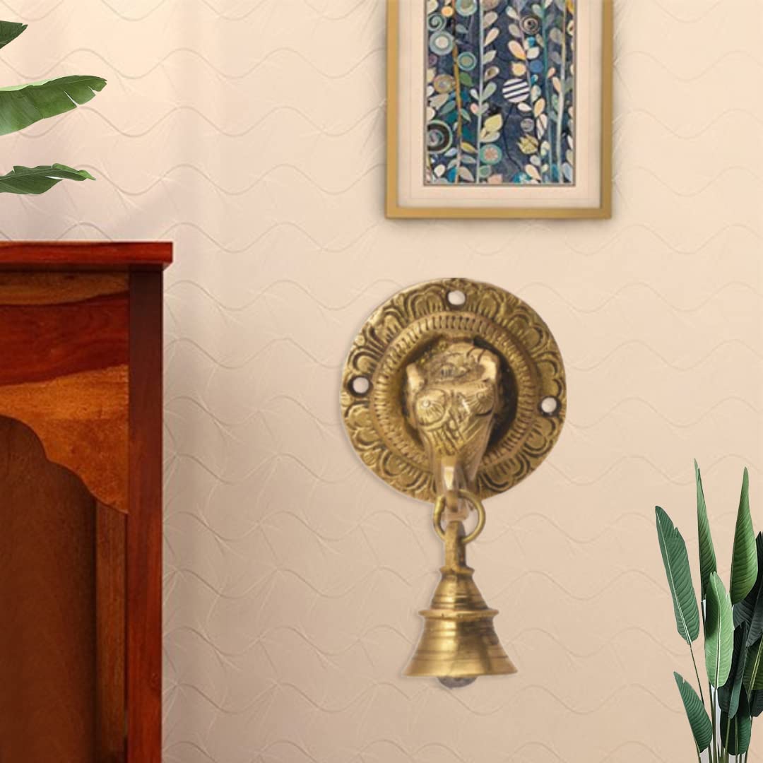 The Advitya Elephant Trunk-Shaped Brass Door Hanging Bell | Antique Finish Ganesh Ghanti | Elephant Face Temple Bell | Wall Decoration Decorative Mandir Gate Bell | 3.3 X 3.3 Inch - Image 2 thumbnail