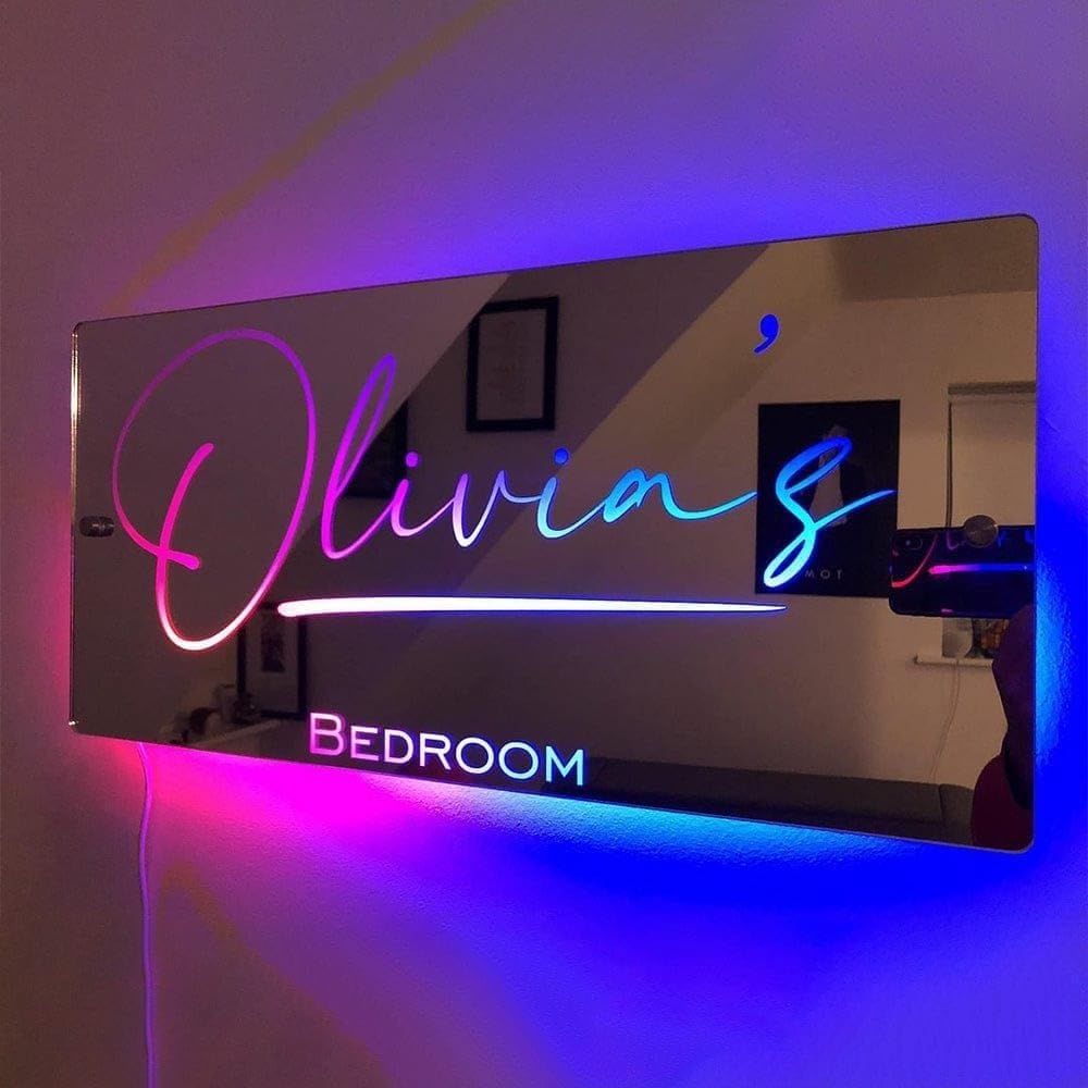 Personalised Mirror Light with Name, Custom Text Led Color Changing Light Up Mirror, Night Light Neon Signs Home Wall Decor Mirror for Living Room, Bedroom