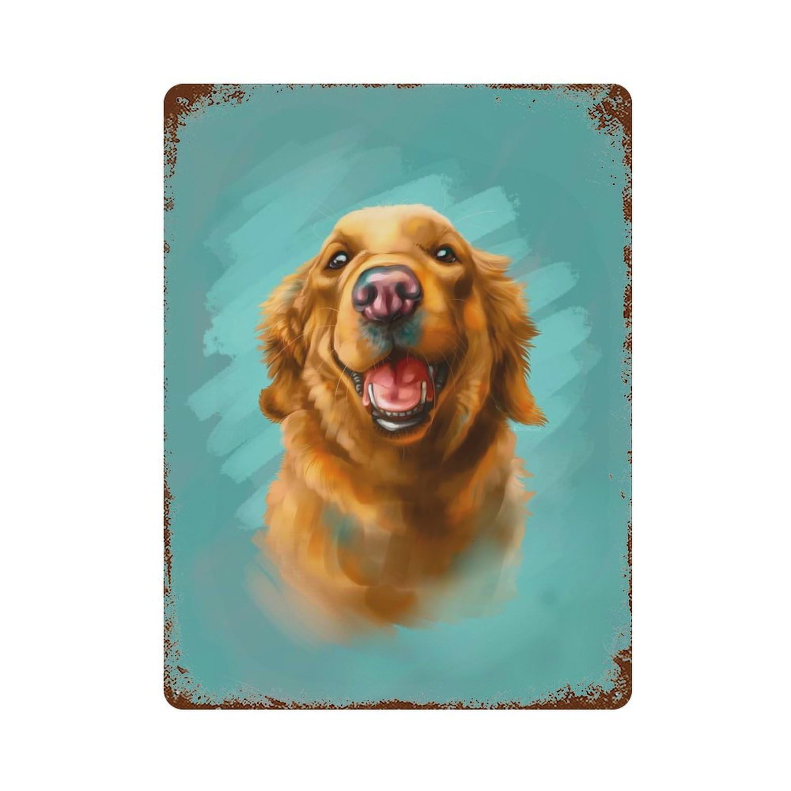 Smiling Golden Dog Weathered Tin Sign 15.7"x11.8", Ideal for Basement, Hobby Room And Garage Decor