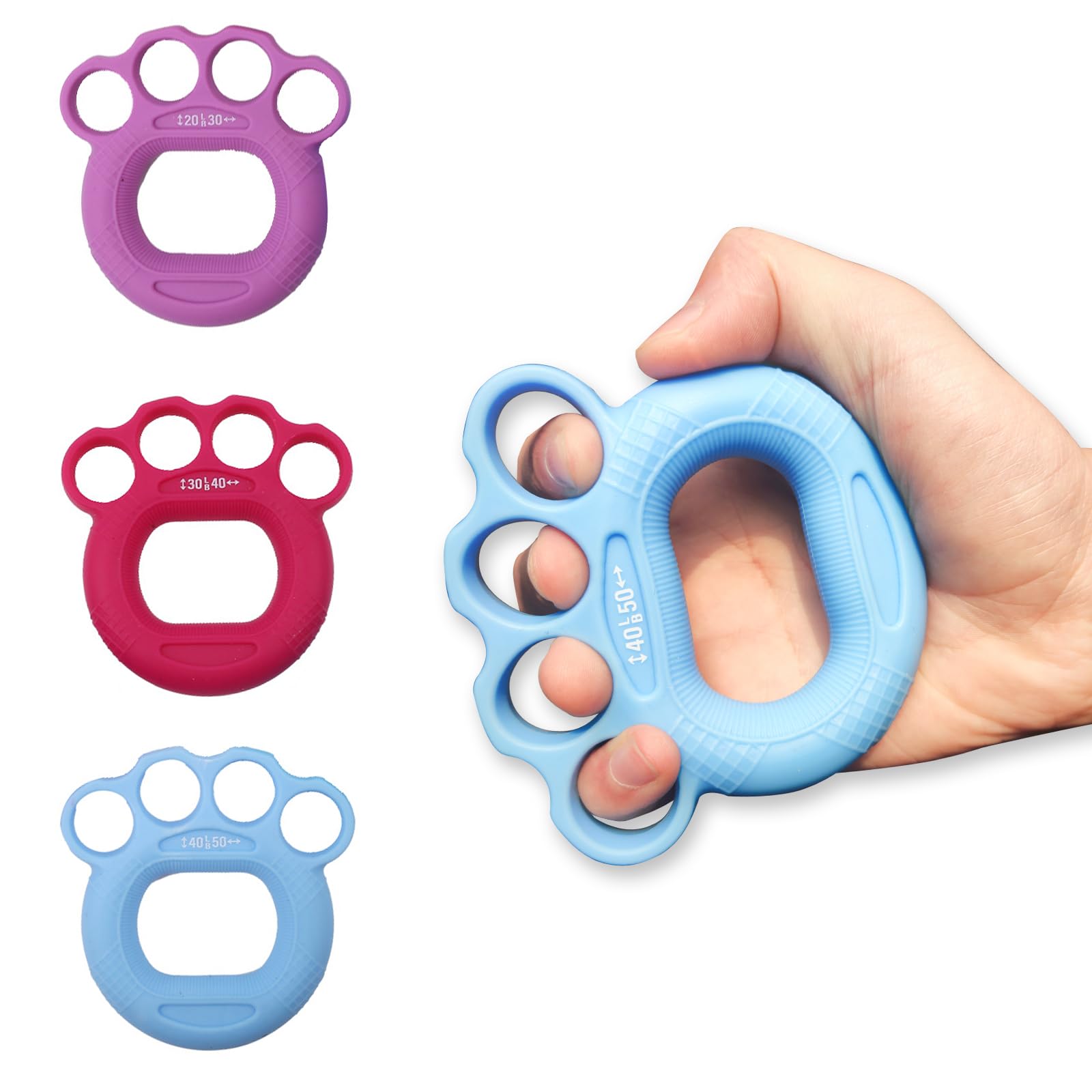 Fortalecedor de agarre de mano y ejercitador de dedos, 3 niveles de resistencia (20-50 libras), diseño ergonómico de silicona, para rehabilitación, artritis, terapia, ideal para músicos, escaladores