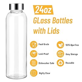 Sursip 24oz Glass Water Bottle Set of 10, Leak Proof Clear glass juice bottle for juicing, Reusable Drinking Bottles with Stainless Steel Lid, Beverage Storage Containers for Refrigerator-BPA Free