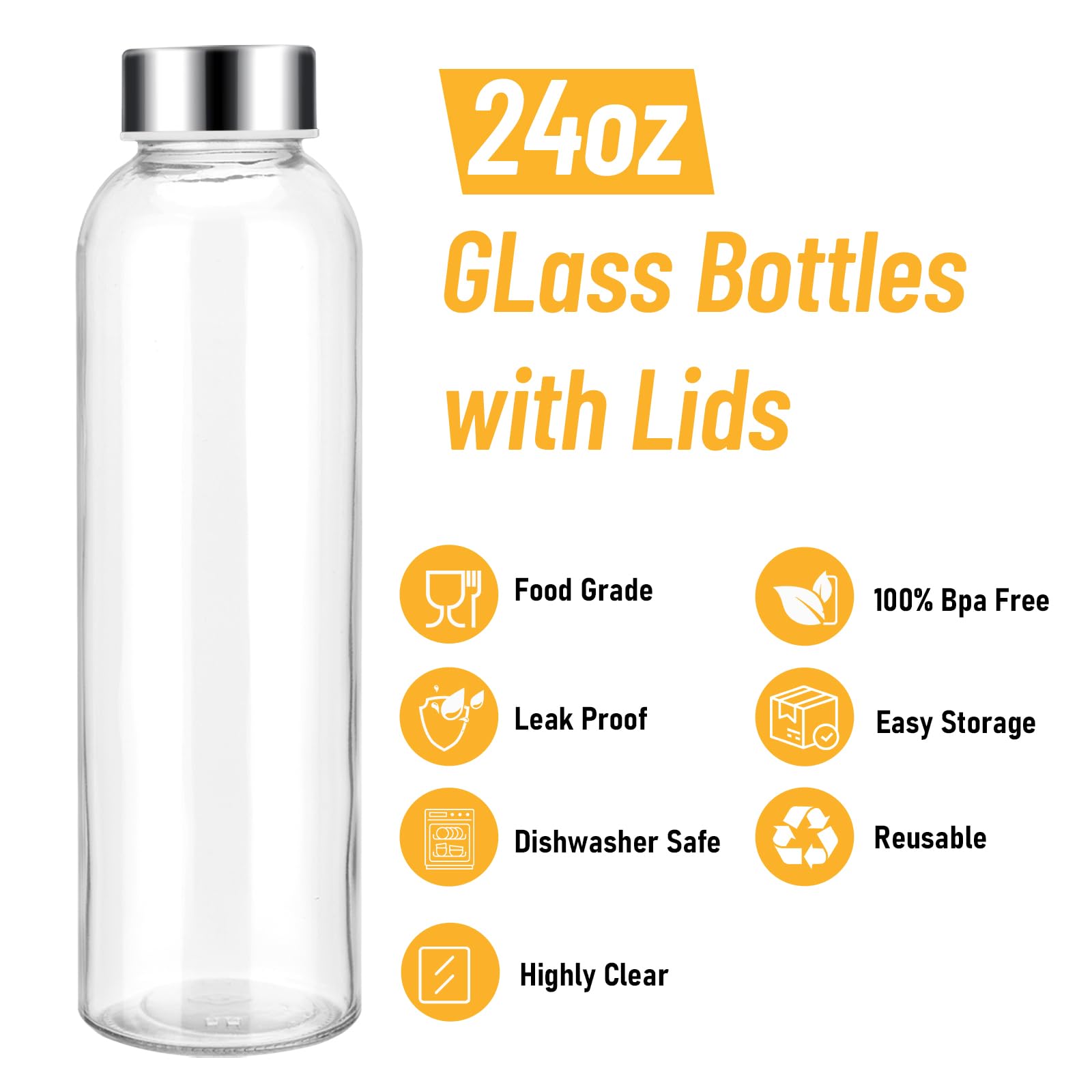 Sursip Juego de 6 botellas de agua de vidrio de 24 onzas, botella de jugo de vidrio transparente para exprimir, botellas reutilizables con tapa de acero inoxidable, recipientes de almacenamiento de