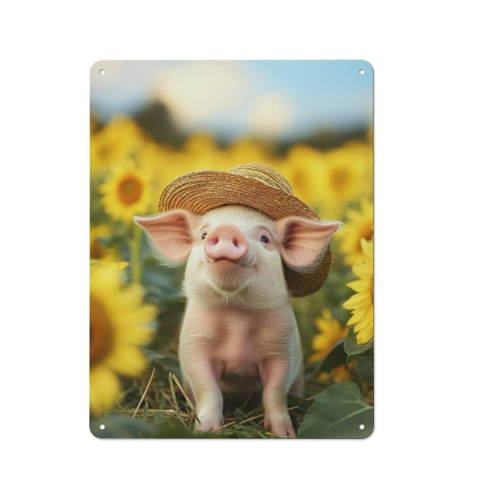 Junmoney Piglet In Sunflower Field Bistro Style Decorative Metal Plaque 40X30cm, Bistro Wall Plaque For Tea Room, Shop Wall Or Breakfast Area