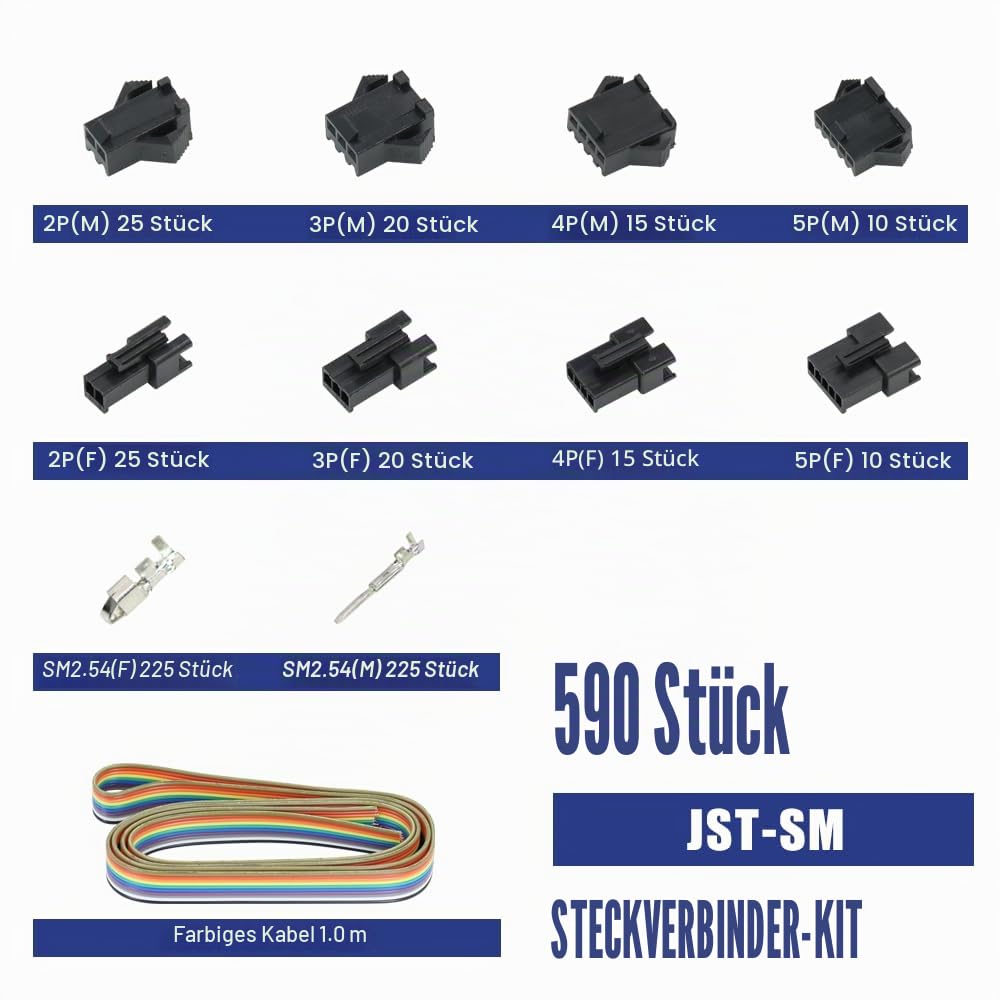 Crimpzange Stecker Set inkl 590 Teile JST-SM Kit - (0,25-1,5mm²) - Crimpzange für AMP-TE 2,8/4,0/4,8/6,3 JST-SM2,54/XH2,54/VH3,96 & Molex