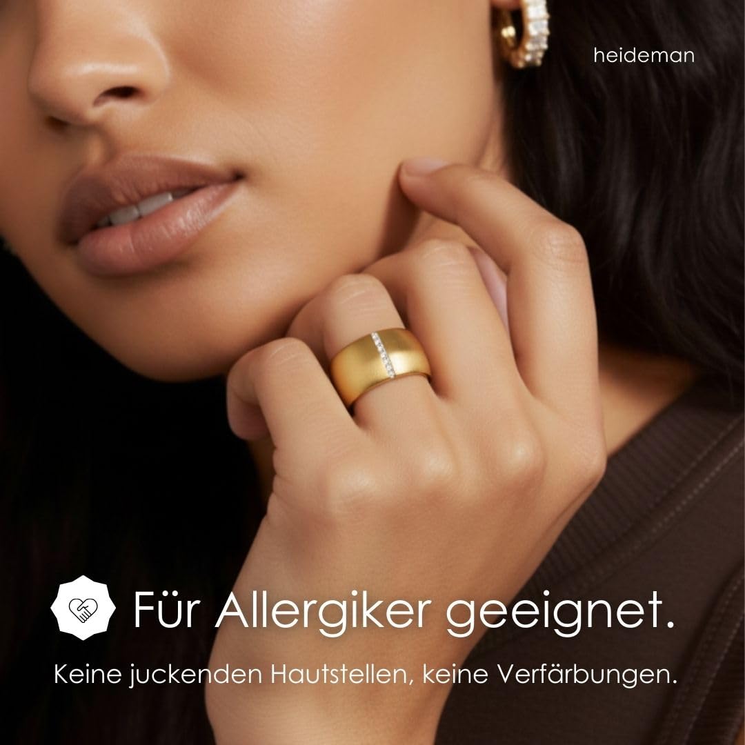 Heideman Ring Damen Lines Gold Edelstahl mit Zirkonia weiß matt | Lines Statement-Ring Gold, Edelstahl, funkelnde Zirkonia-Reihe, breiter Damenring, hautfreundlich & nickelfrei, Geschenk
