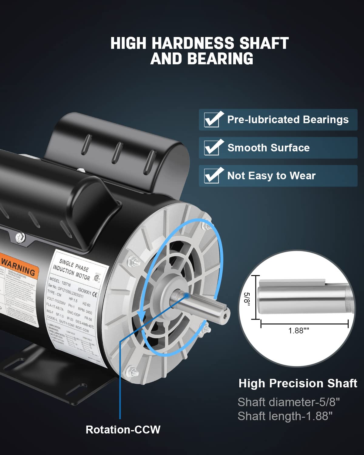1.5HP Air Compressor Motor 3450 RPM Electric Motor, 115/230V Single Phase Motor, 56 Frame 5/8 Keyed Shaft 60 HZ
