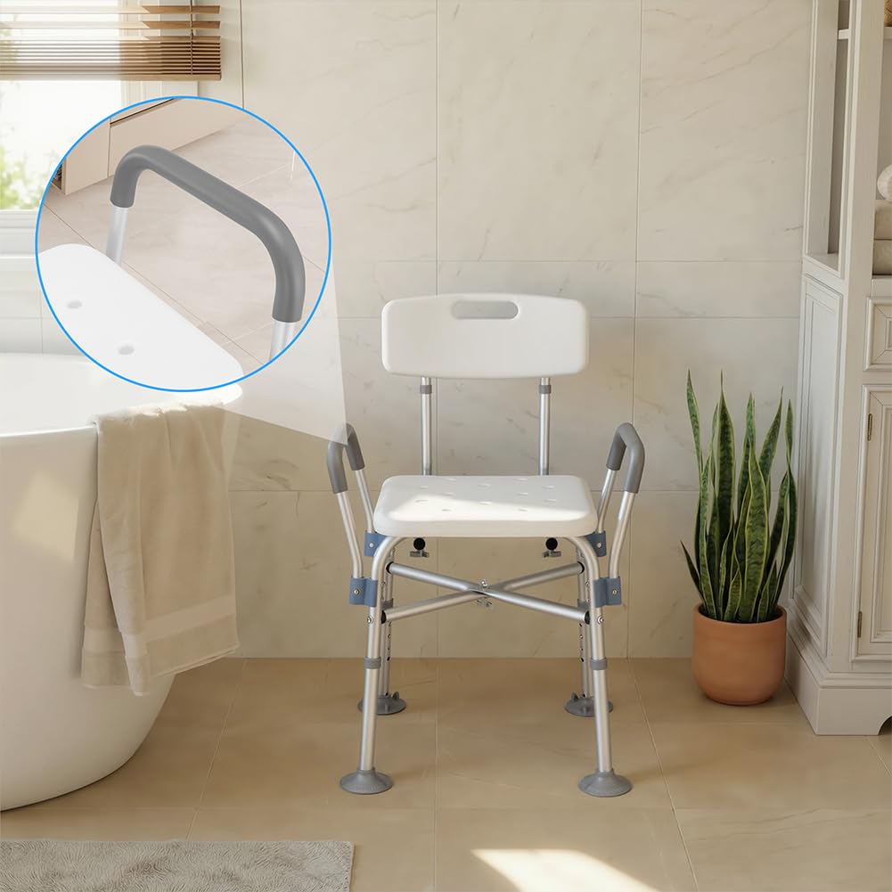 BAKAJI Sgabello da Doccia con Schienale e Braccioli, Struttura Alluminio e Seduta Ergonomica in HDPE, Sedile da Bagno per Anziani, Disabili e Persone con Mobilità Ridotta, Regolabile Altezza 78–88cm