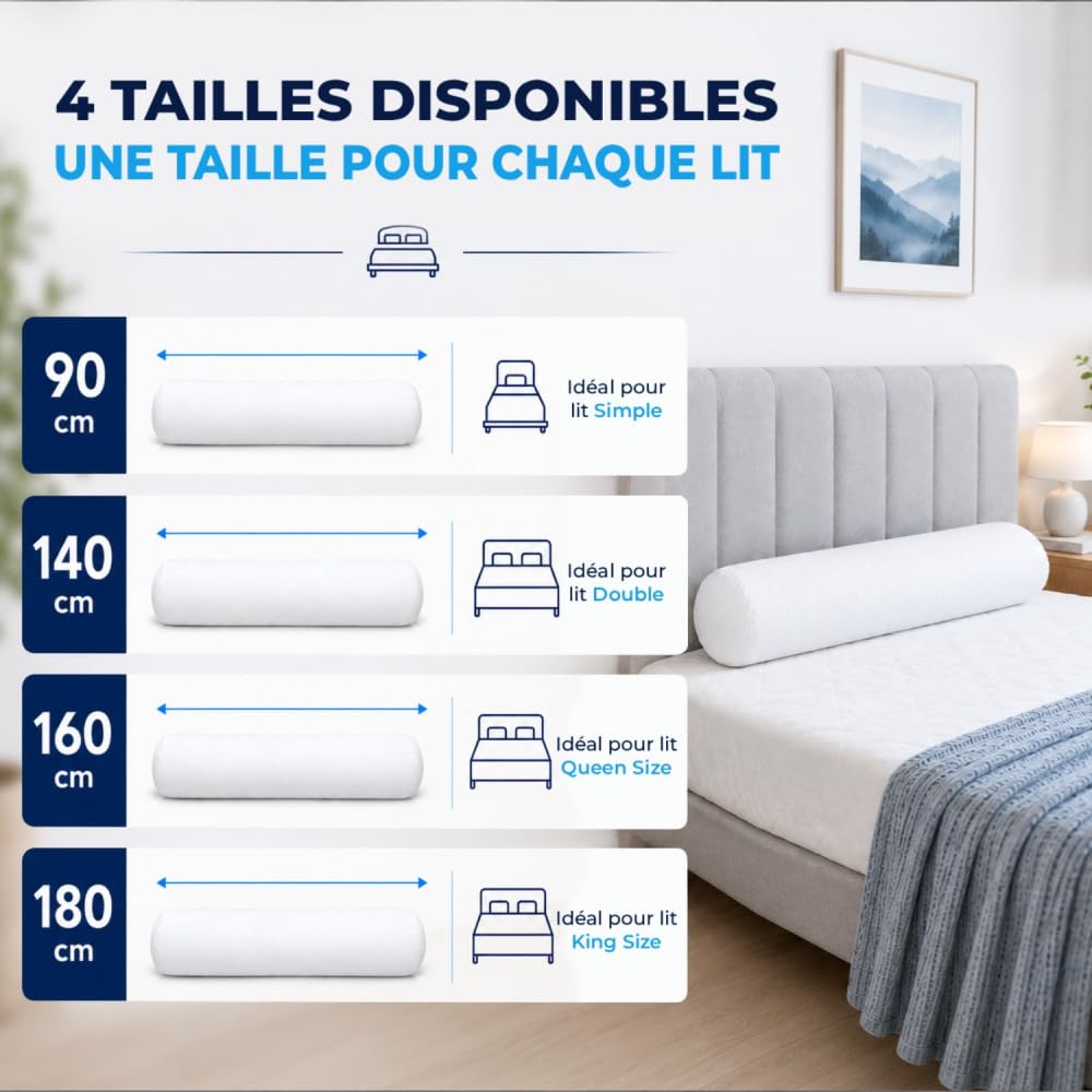 Alpes Blanc Traversin Anti-Acariens 180 cm – Enveloppe 100% Coton Respirant | Anti-bactérien & anti-moisissures • Garnissage & confort moelleux • Lavable à 40°C • Fabriqué en France