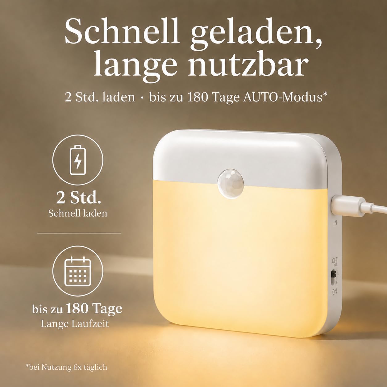 Nachtlicht mit Bewegungsmelder Akku Aufladbar Typ-C Innen, LED Nachtlampe 36 LEDs Treppenlicht mit Dämmerungssensorfür Flur, Schrank, Kinderzimmer, Treppe, 6er Pack, Warmweiß und Weiß (Umschaltbar)