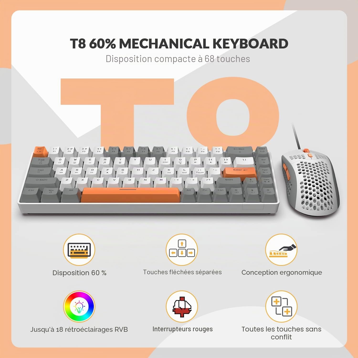 YINDIAO T8 Combos Clavier et Souris de Jeu 60% RVB + Câble USB C Spiralé,Clavier Mécanique Filaire,Disposition Compacte 68 Touches TKL,Souris en Nid d'abeille,Jusqu'à 6400 DPI,pour PC PS5,Gris Clair