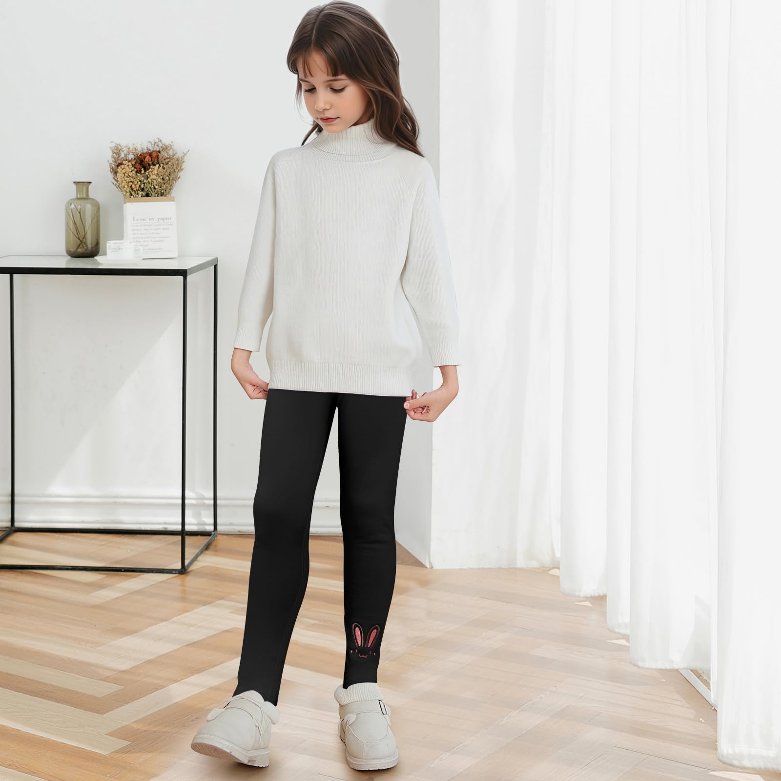 MASOCIO Lot de 2 Legging Polaire Chaud Fille Pantalon Thermique Enfants Broderie de Lapin 4-13 Ans