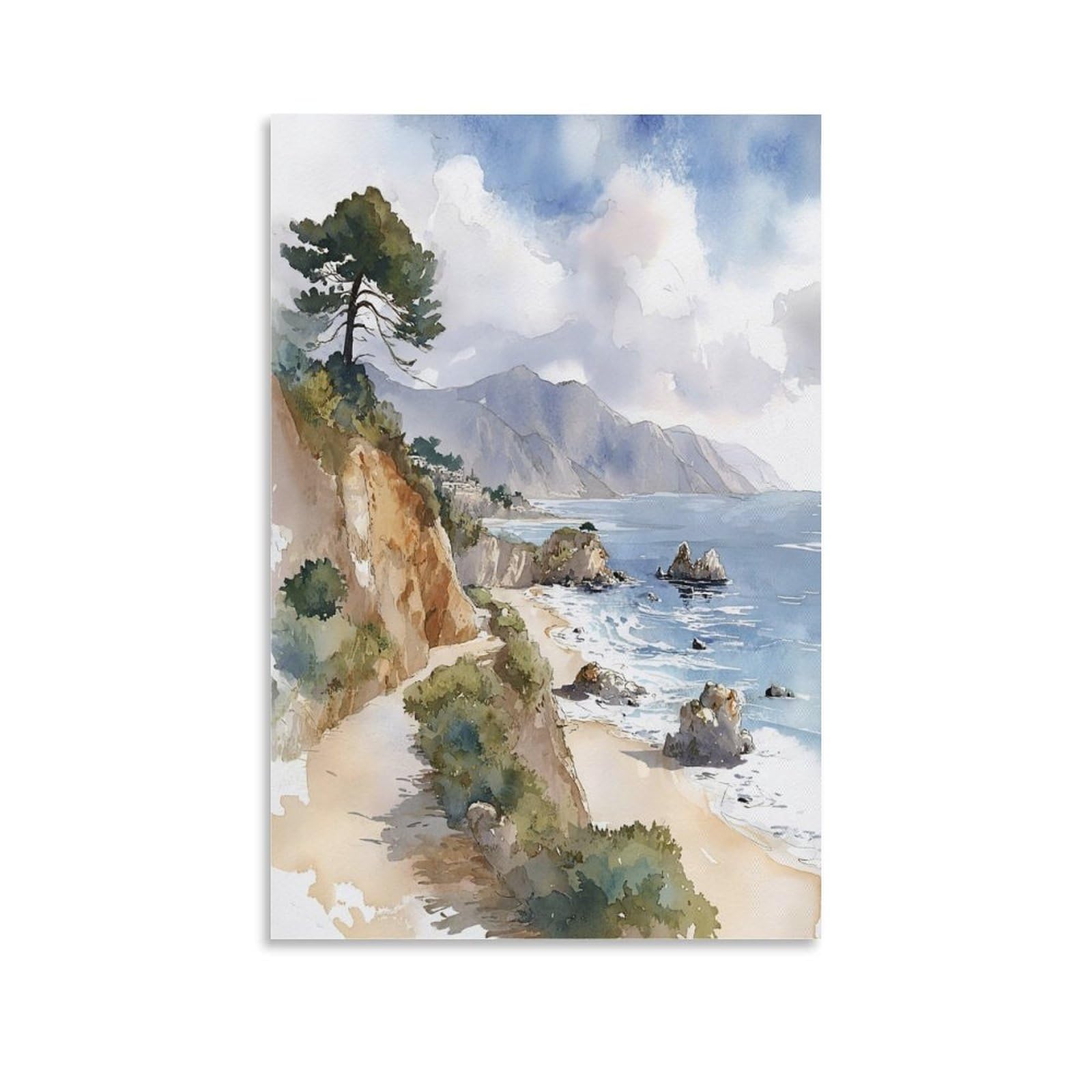 XWYMXZ Pebble Beach Watercolor 24x36inch(60x90cm) Vintage Travel Poster Watercolor Canvas Art