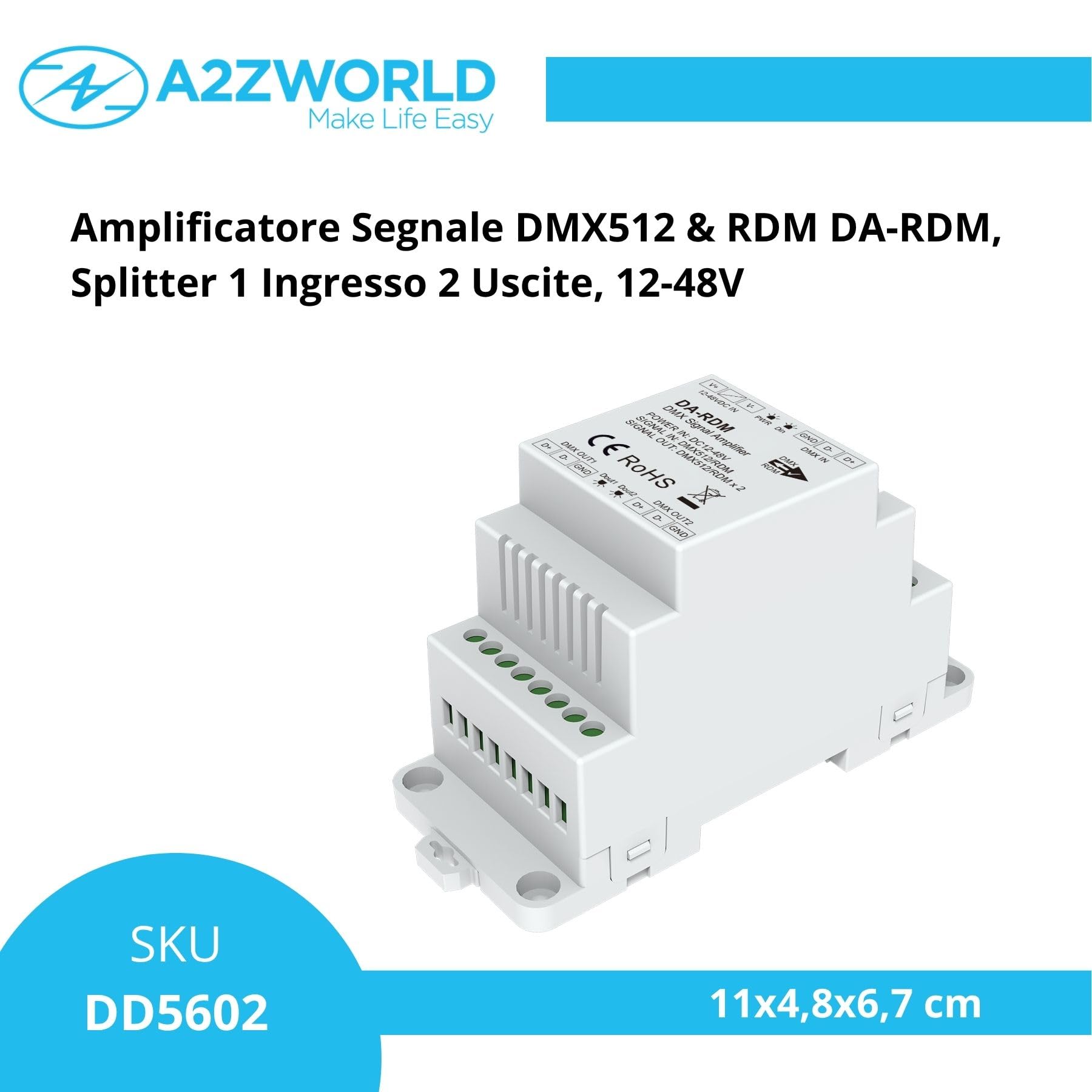 Amplificateur de signal DMX512 RDM, 1 entrée 2 sorties, isolation optique, alimentation 12-48 V DC, répéteur et distributeur de signal DMX, guide DIN, DA-RDM