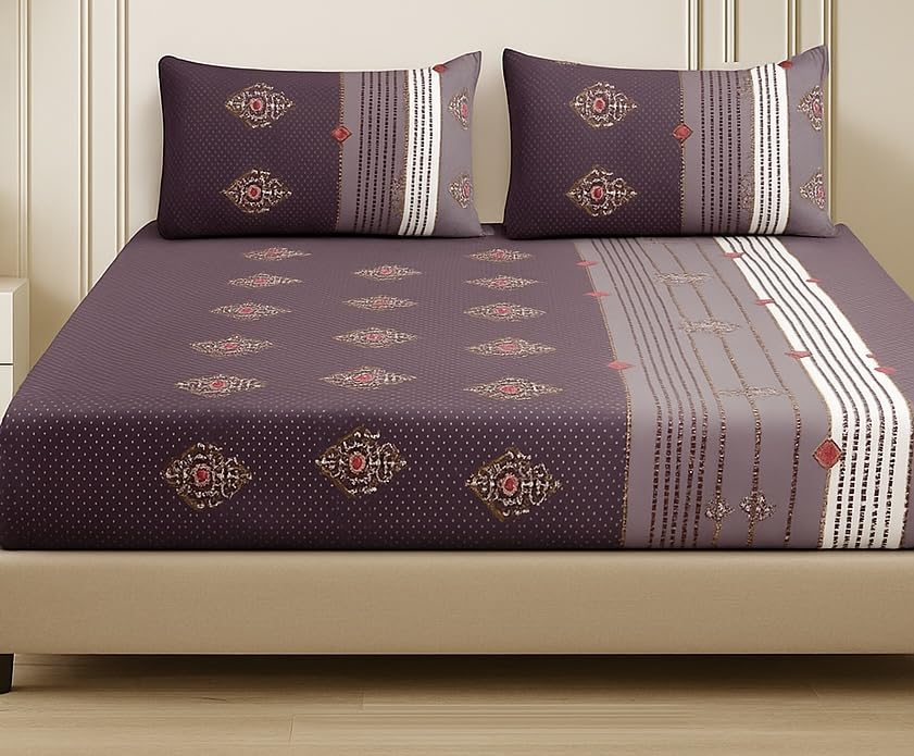 Image of 300 Tc Cotton Feel Glace Cotton Elastic Floral Fitted Bedsheets Queen Size 78 X 60 Inches||1 Elastic Bedsheet Queen Size Cotton&2 Pillow Covers(Vegas),Grey